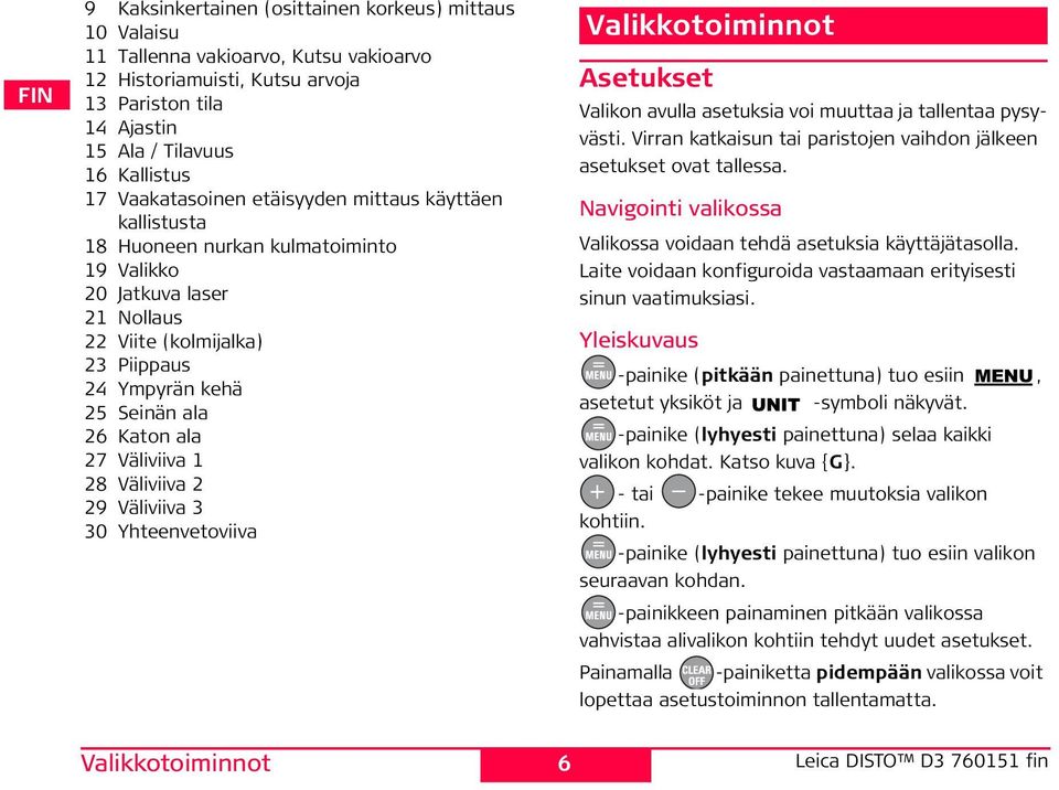 27 Väliviiva 1 28 Väliviiva 2 29 Väliviiva 3 30 Yhteenvetoviiva Valikkotoiminnot Asetukset Valikon avulla asetuksia voi muuttaa ja tallentaa pysyvästi.