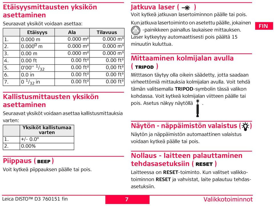 +/- 0.0 2. 0.00% Piippaus ( BEEP) Voit kytkeä piippauksen päälle tai pois. Jatkuva laser ( ) Voit kytkeä jatkuvan lasertoiminnon päälle tai pois.