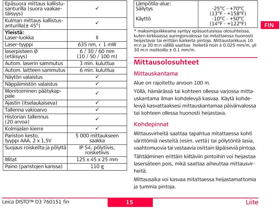 AAA, 2 x 1,5V uojaus roiskeilta ja pölyltä Mitat Paino (paristojen kanssa) II 635 nm, < 1 mw 6 / 30 / 60 mm (10 / 50 / 100 m) 3 min. kuluttua 6 min.