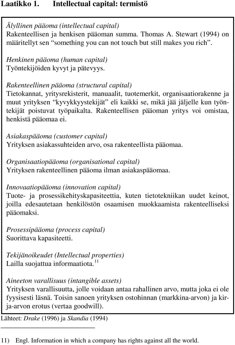 Rakenteellinen pääoma (structural capital) Tietokannat, yritysrekisterit, manuaalit, tuotemerkit, organisaatiorakenne ja muut yrityksen kyvykkyystekijät eli kaikki se, mikä jää jäljelle kun