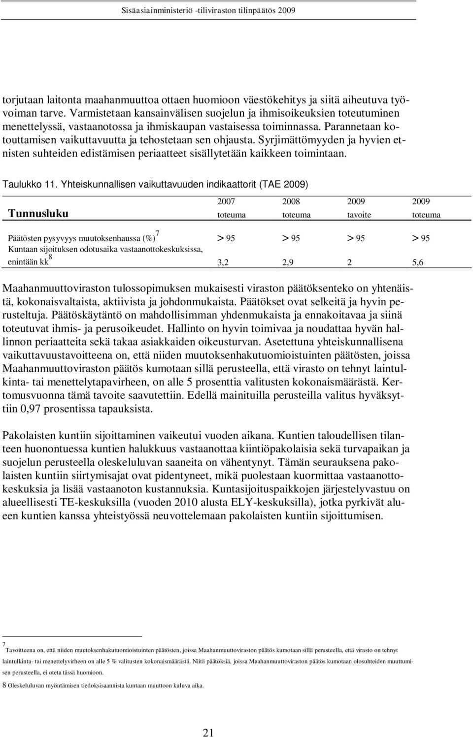 Parannetaan kotouttamisen vaikuttavuutta ja tehostetaan sen ohjausta. Syrjimättömyyden ja hyvien etnisten suhteiden edistämisen periaatteet sisällytetään kaikkeen toimintaan. Taulukko 11.