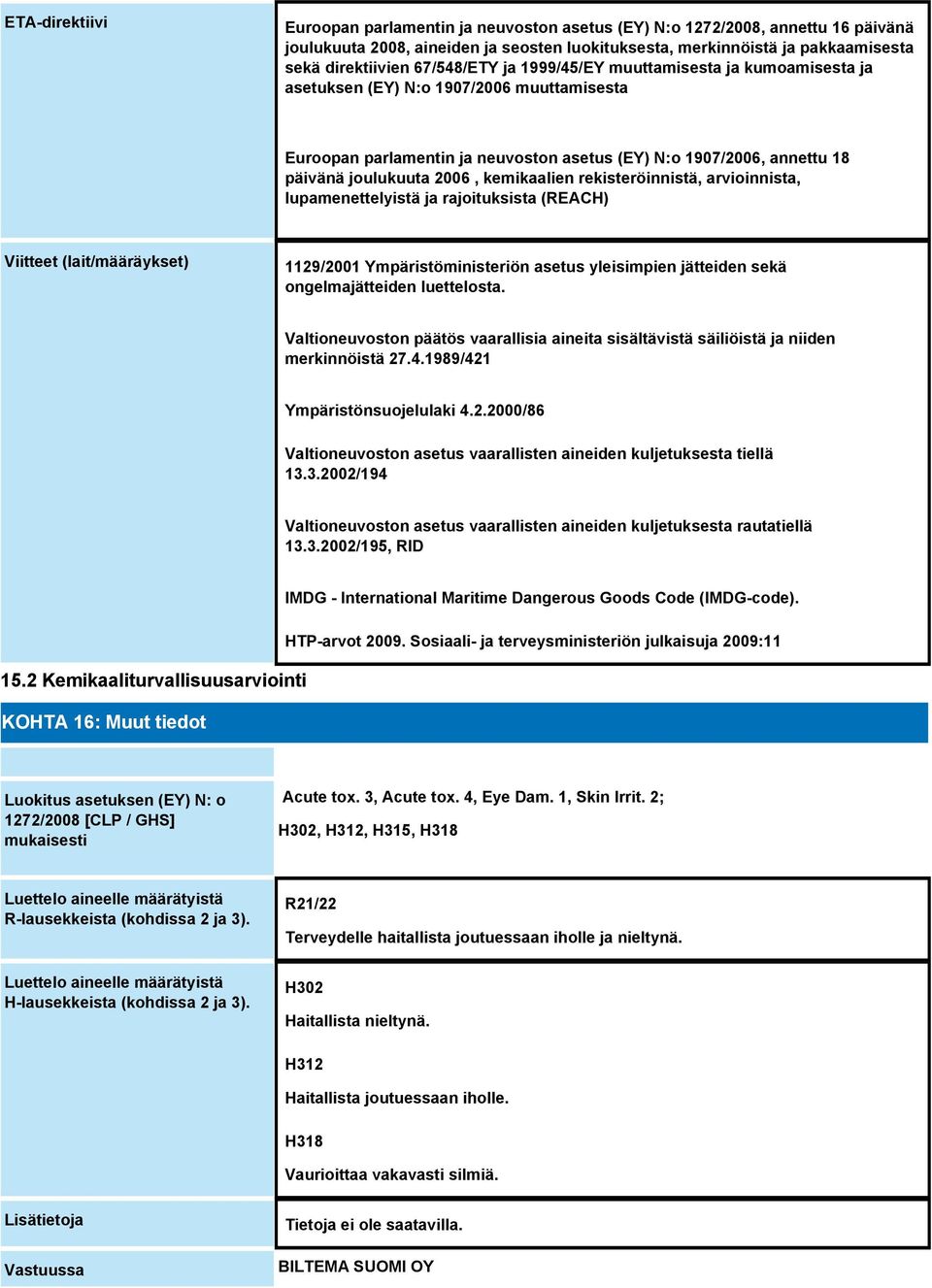 kemikaalien rekisteröinnistä, arvioinnista, lupamenettelyistä ja rajoituksista (REACH) Viitteet (lait/määräykset) 1129/2001 Ympäristöministeriön asetus yleisimpien jätteiden sekä ongelmajätteiden