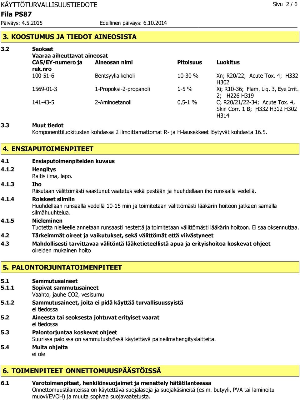 2; H226 H319 141-43-5 2-Aminoetanoli 0,5-1 % C; R20/21/22-34; Acute Tox. 4, Skin Corr. 1 B; H332 H312 H302 H314 3.