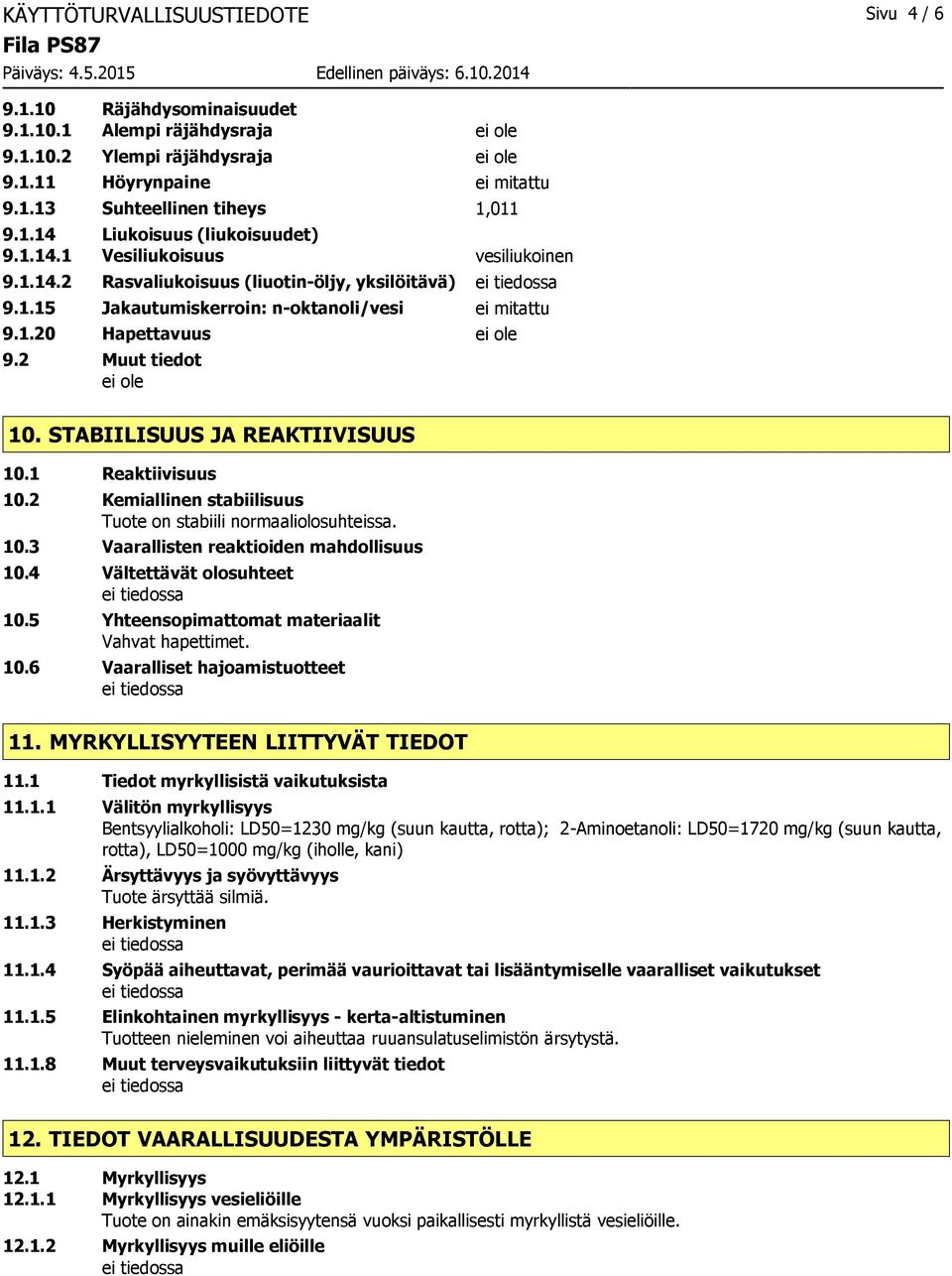 2 Muut tiedot ei ole 10. STABIILISUUS JA REAKTIIVISUUS 10.1 Reaktiivisuus 10.2 Kemiallinen stabiilisuus Tuote on stabiili normaaliolosuhteissa. 10.3 Vaarallisten reaktioiden mahdollisuus 10.