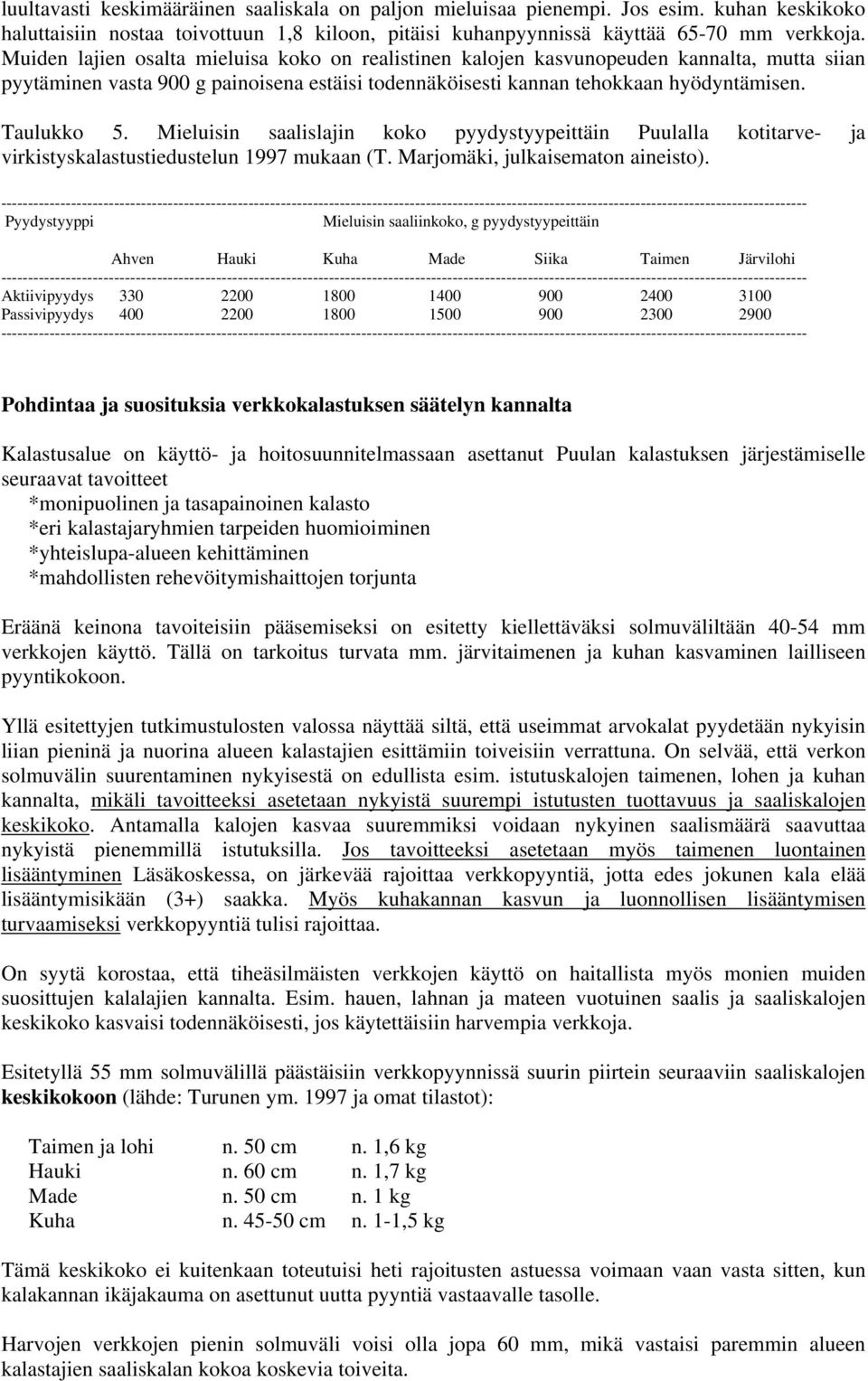 Mieluisin saalislajin koko pyydystyypeittäin Puulalla kotitarve- ja virkistyskalastustiedustelun 1997 mukaan (T. Marjomäki, julkaisematon aineisto).