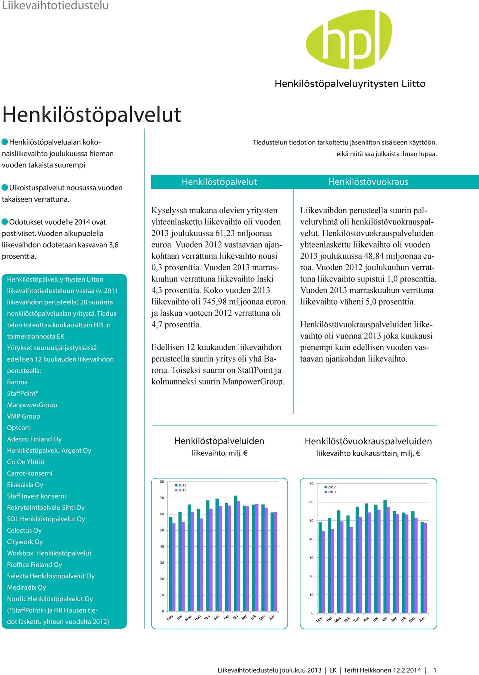 Vuoden alkupuolella liikevaihdon odotetaan kasvavan 3,6 Henkilöstöpalveluyritysten Liiton liikevaihtotiedusteluun vastaa (v. 211 liikevaihdon perusteella) 2 suurinta henkilöstöpalvelualan yritystä.
