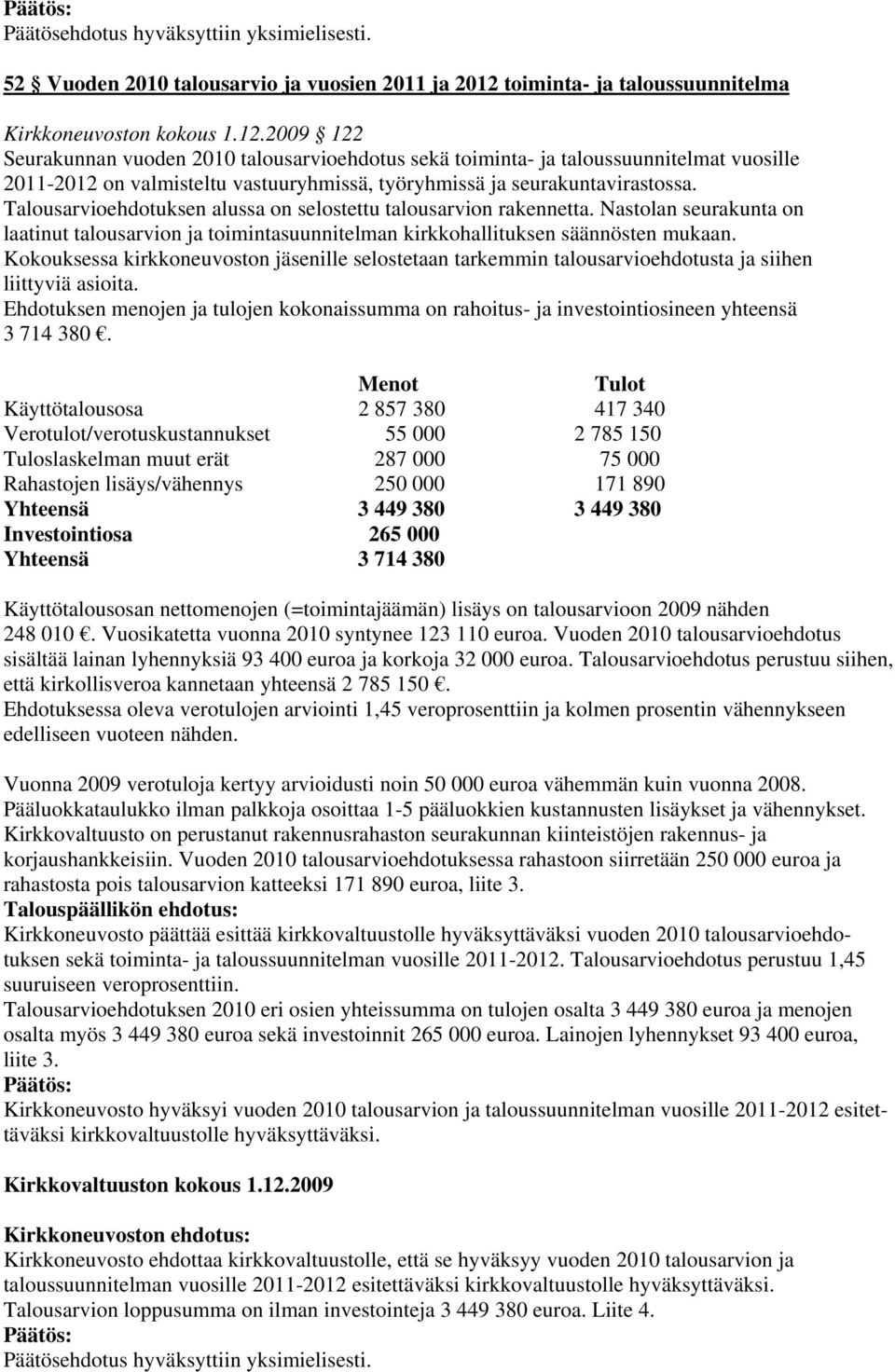 2009 122 Seurakunnan vuoden 2010 talousarvioehdotus sekä toiminta- ja taloussuunnitelmat vuosille 2011-2012 on valmisteltu vastuuryhmissä, työryhmissä ja seurakuntavirastossa.