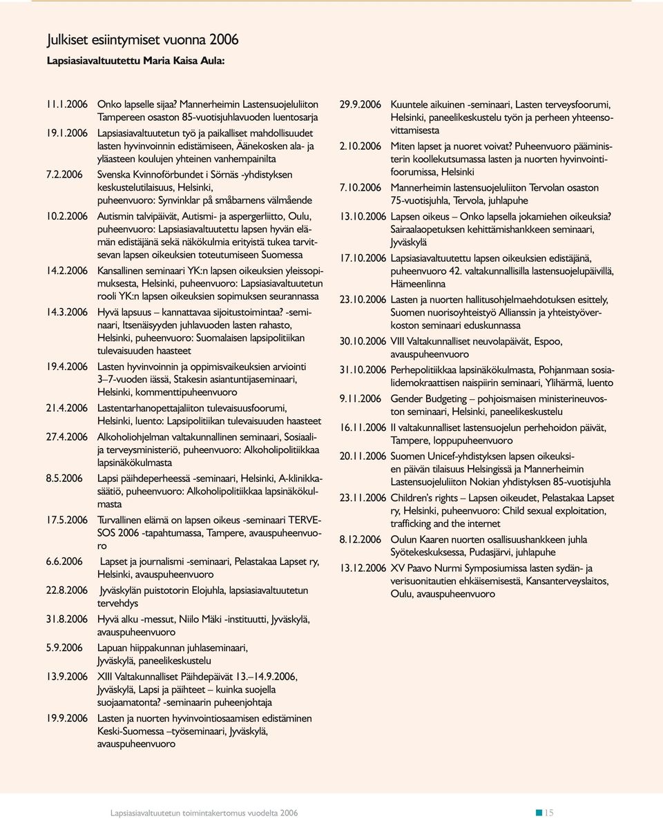 2.2006 Svenska Kvinnoförbundet i Sörnäs -yhdistyksen keskustelutilaisuus, Helsinki, puheenvuoro: Synvinklar på småbarnens välmående 10.2.2006 Autismin talvipäivät, Autismi- ja aspergerliitto, Oulu,