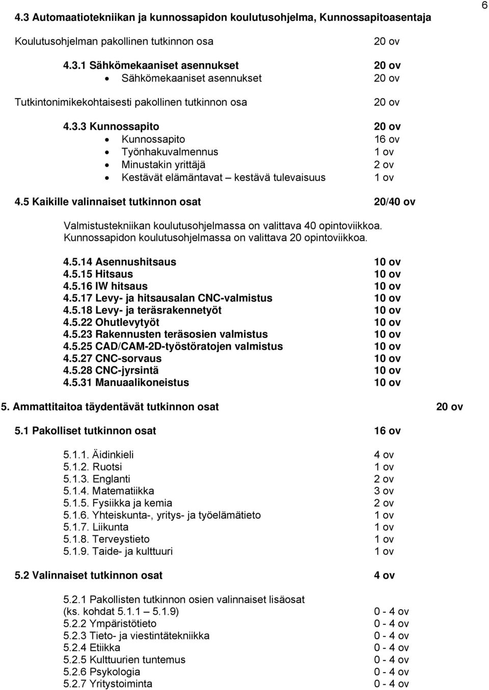 5 Kaikille valinnaiset tutkinnon osat 20/40 ov Valmistustekniikan koulutusohjelmassa on valittava 40 opintoviikkoa. Kunnossapidon koulutusohjelmassa on valittava 20 opintoviikkoa. 4.5.14 Asennushitsaus 10 ov 4.