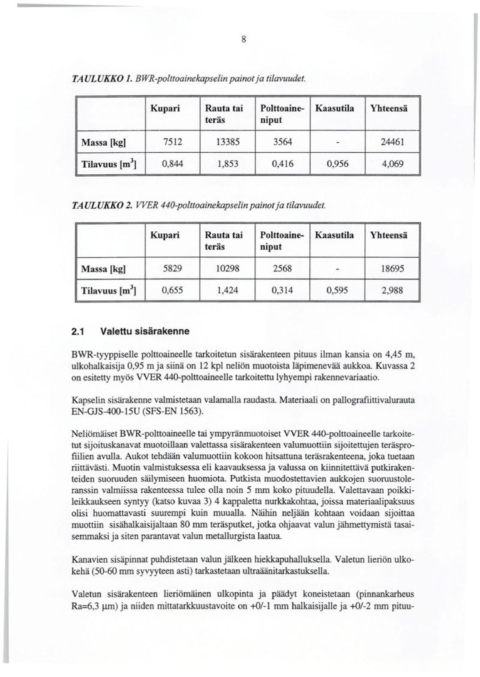 VVER 440-polttoainekapselin painot ja tilavuudet. Kupari Rauta tai Polttoaine- Kaasutila Yhteensa teras nip ut Massa [kg] 5829 10298 2568-18695 Tilavuus [m 3 ] 0,655 1,424 0,314 0,595 2,988 2.