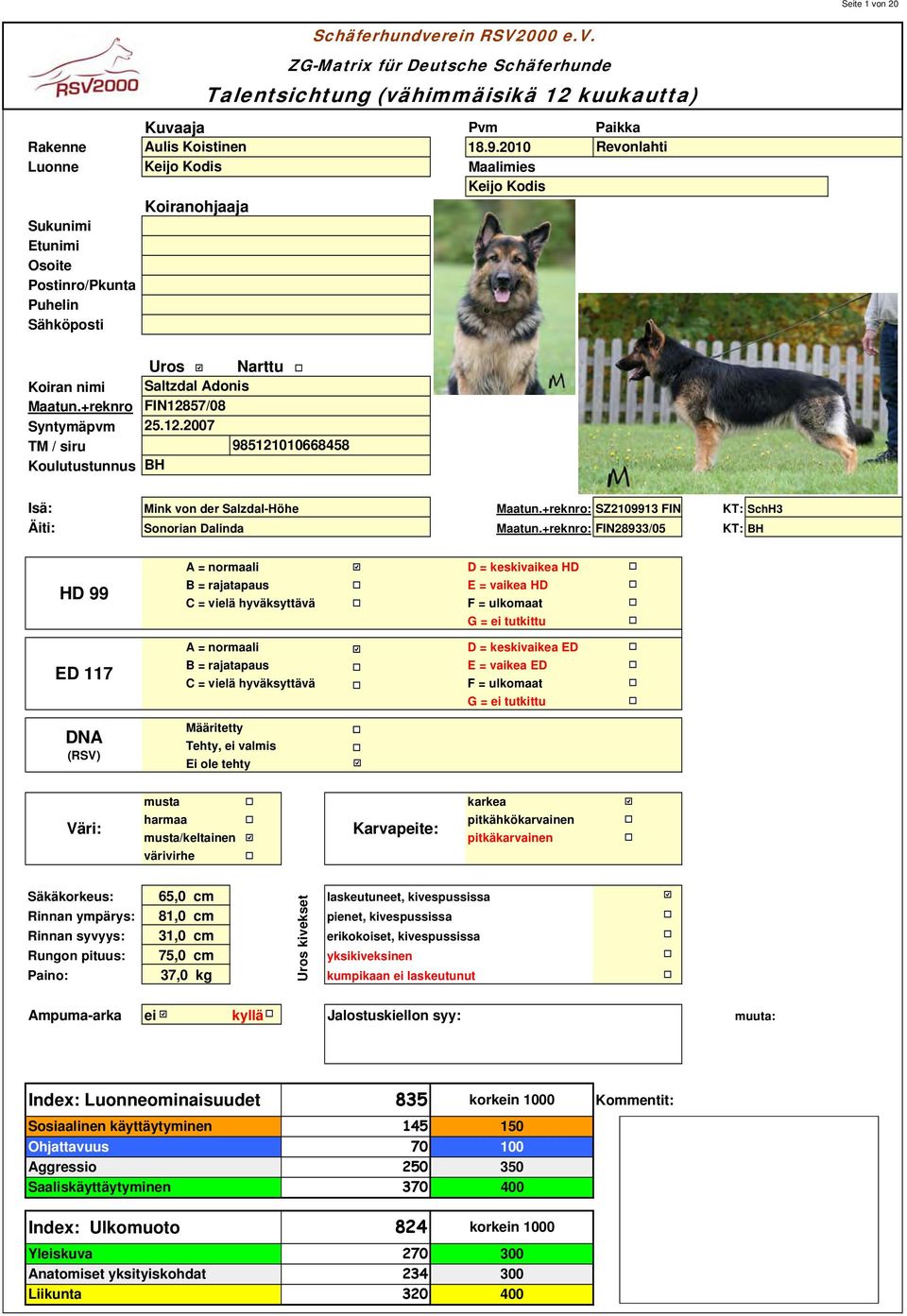 +reknro Syntymäpvm TM / siru Koulutustunnus Schäferhundverein RSV2000 e.v. ZG-Matrix für Deutsche Schäferhunde Talentsichtung (vähimmäisikä 2 kuukautta) Uros Narttu Saltzdal Adonis FIN287/08 2.2.2007 BH 9820066848 Bilder Isä: Mink von der Salzdal-Höhe Maatun.