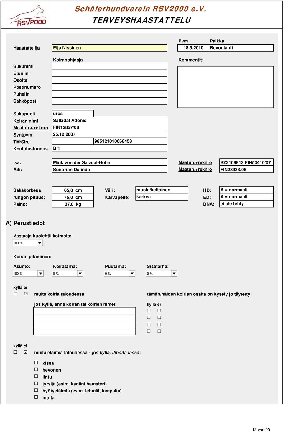 +reknro SZ2099 FIN40/07 Äiti: Sonorian Dalinda Maatun.