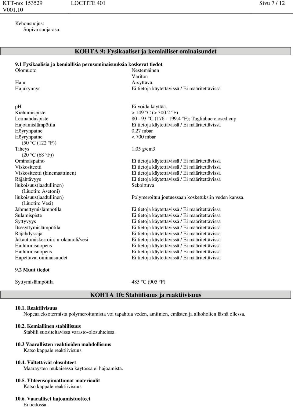 Hajukynnys ph Kiehumispiste Leimahduspiste Hajoamislämpötila Höyrynpaine Höyrynpaine (50 C (122 F)) Tiheys (20 C (68 F)) Ominaispaino Viskositeetti Viskositeetti (kinemaattinen) Räjähtävyys