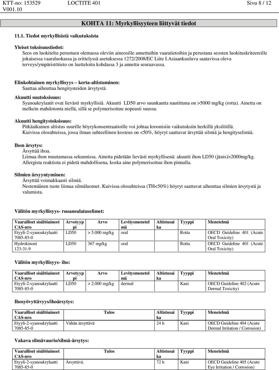 11.1. Tiedot myrkyllisistä vaikutuksista KOHTA 11: Myrkyllisyyteen liittyvät tiedot Yleiset toksisuustiedot: Seos on luokiteltu perustuen olemassa oleviin aineosille annettuihin vaaratietoihin ja