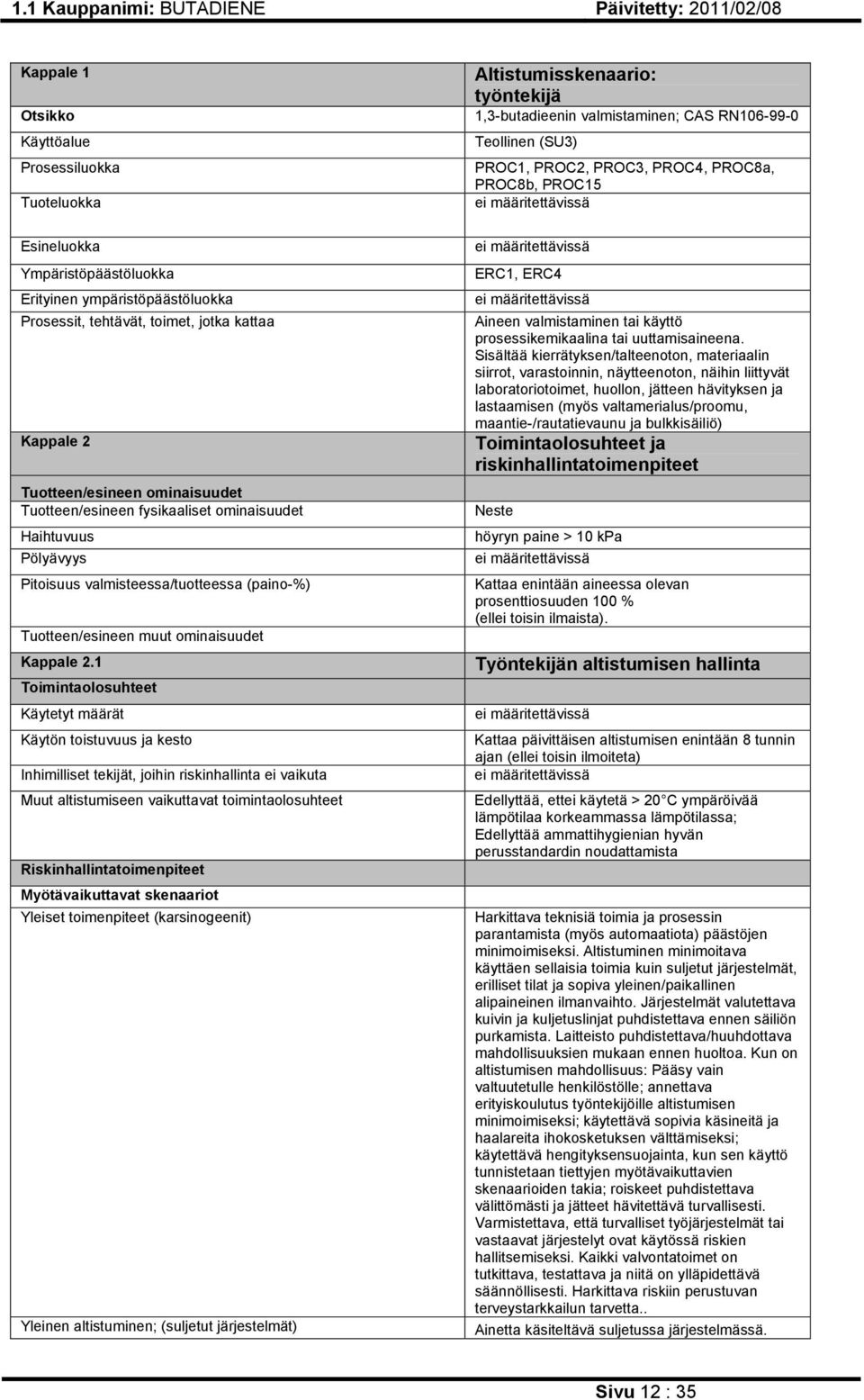 1 Käytetyt määrät Käytön toistuvuus ja kesto Inhimilliset tekijät, joihin riskinhallinta ei vaikuta Muut altistumiseen vaikuttavat toimintaolosuhteet Myötävaikuttavat skenaariot Yleiset toimenpiteet