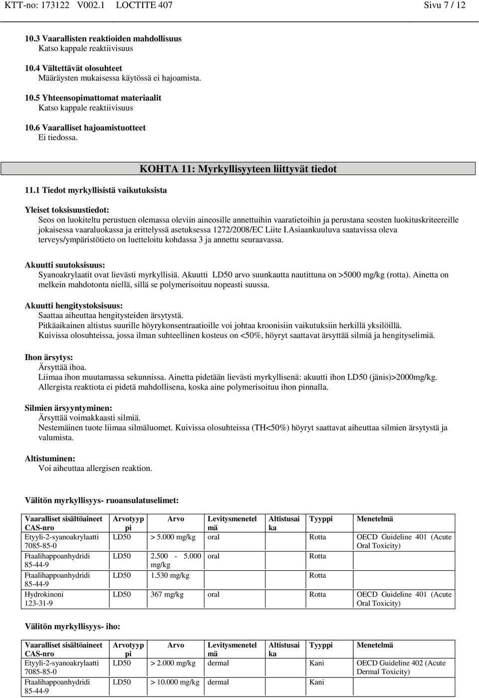 1 Tiedot myrkyllisistä vaikutuksista KOHTA 11: Myrkyllisyyteen liittyvät tiedot Yleiset toksisuustiedot: Seos on luokiteltu perustuen olemassa oleviin aineosille annettuihin vaaratietoihin ja