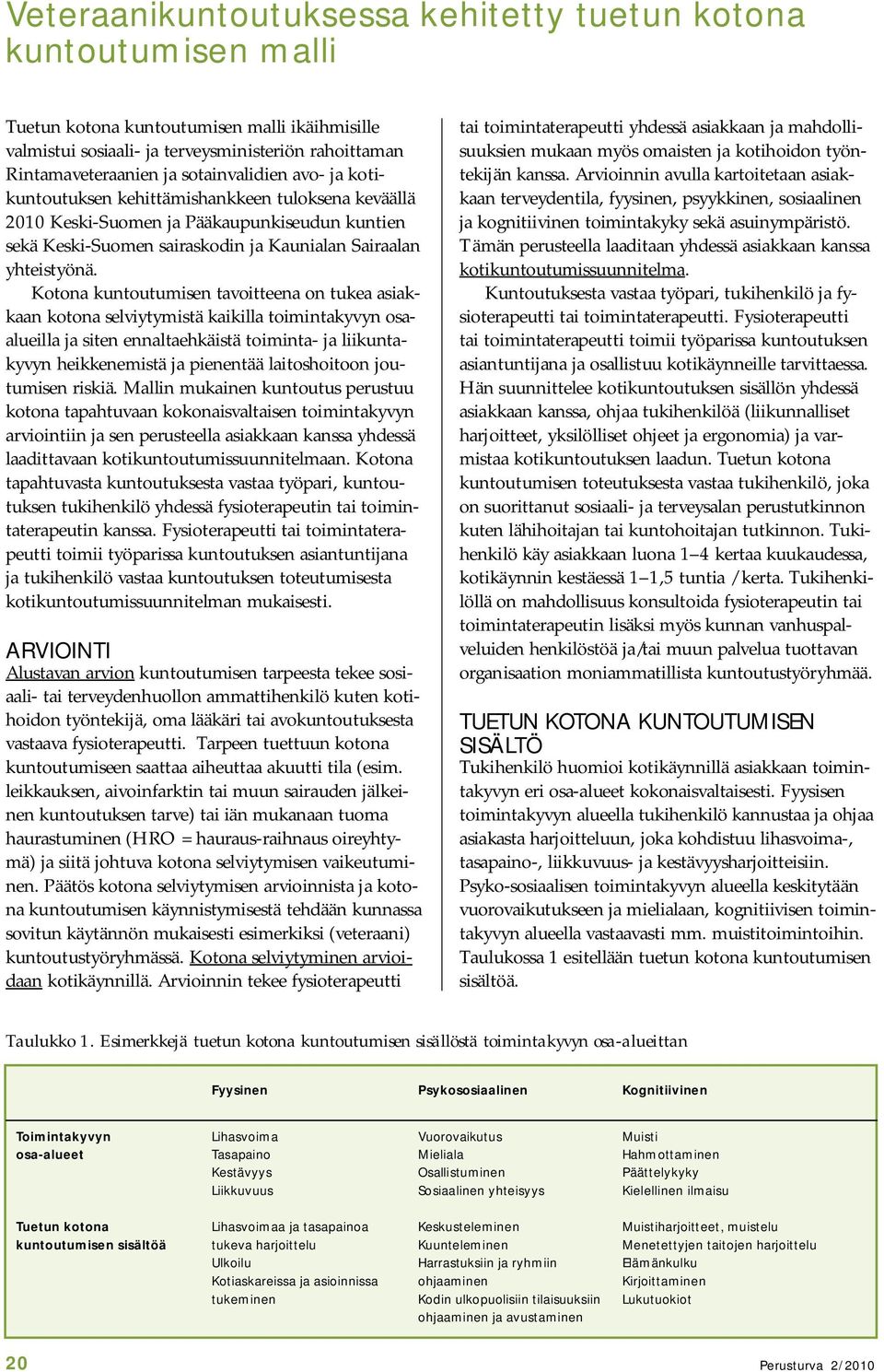 Kotona kuntoutumisen tavoitteena on tukea asiakkaan kotona selviytymistä kaikilla toimintakyvyn osaalueilla ja siten ennaltaehkäistä toiminta- ja liikuntakyvyn heikkenemistä ja pienentää