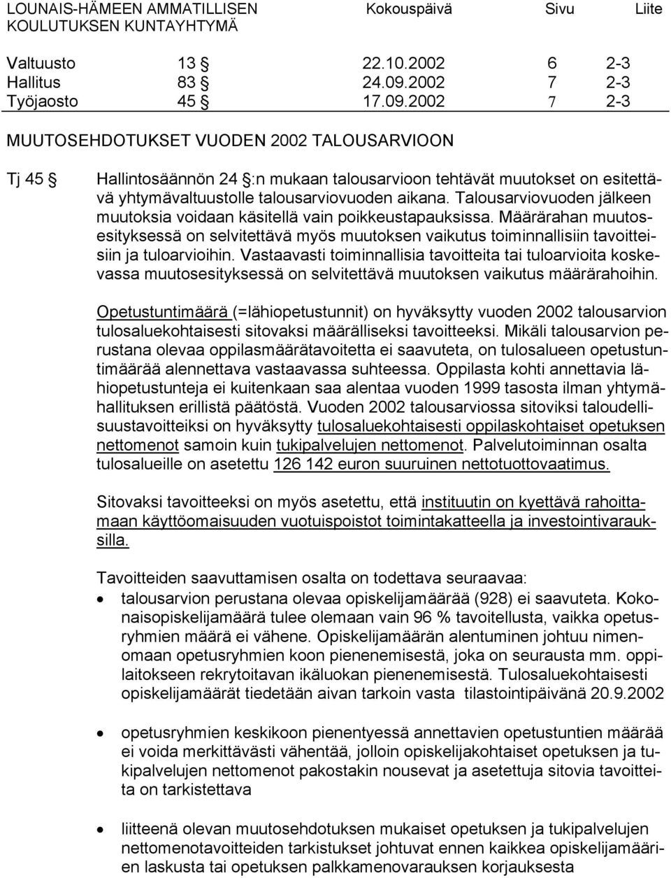 2002 6 7 7 2-3 2-3 2-3 MUUTOSEHDOTUKSET VUODEN 2002 TALOUSARVIOON Tj 45 Hallintosäännön 24 :n mukaan talousarvioon tehtävät muutokset on esitettävä yhtymävaltuustolle talousarviovuoden aikana.