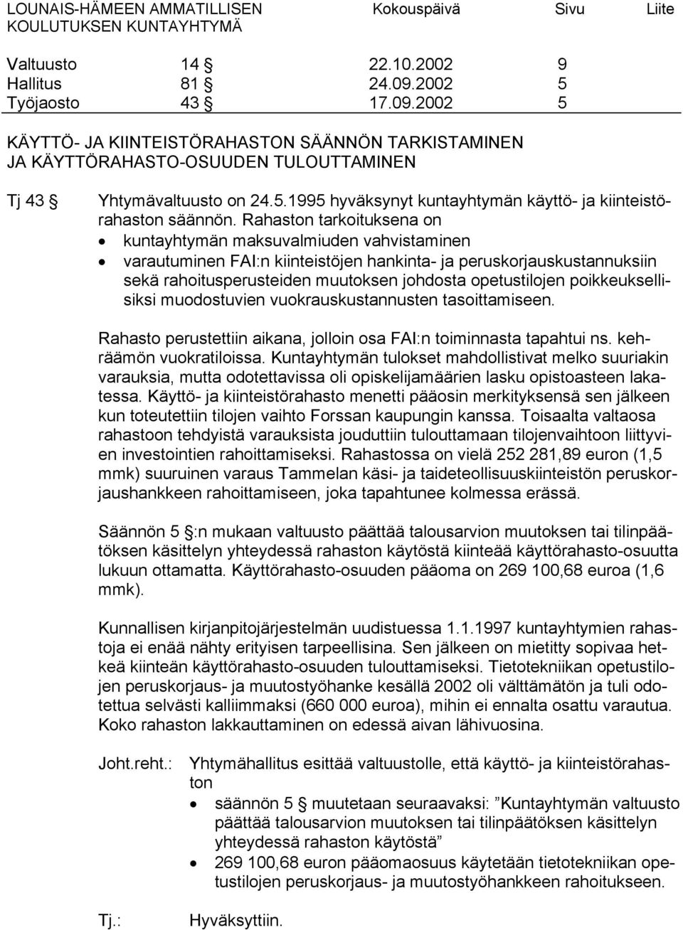 poikkeuksellisiksi muodostuvien vuokrauskustannusten tasoittamiseen. Rahasto perustettiin aikana, jolloin osa FAI:n toiminnasta tapahtui ns. kehräämön vuokratiloissa.