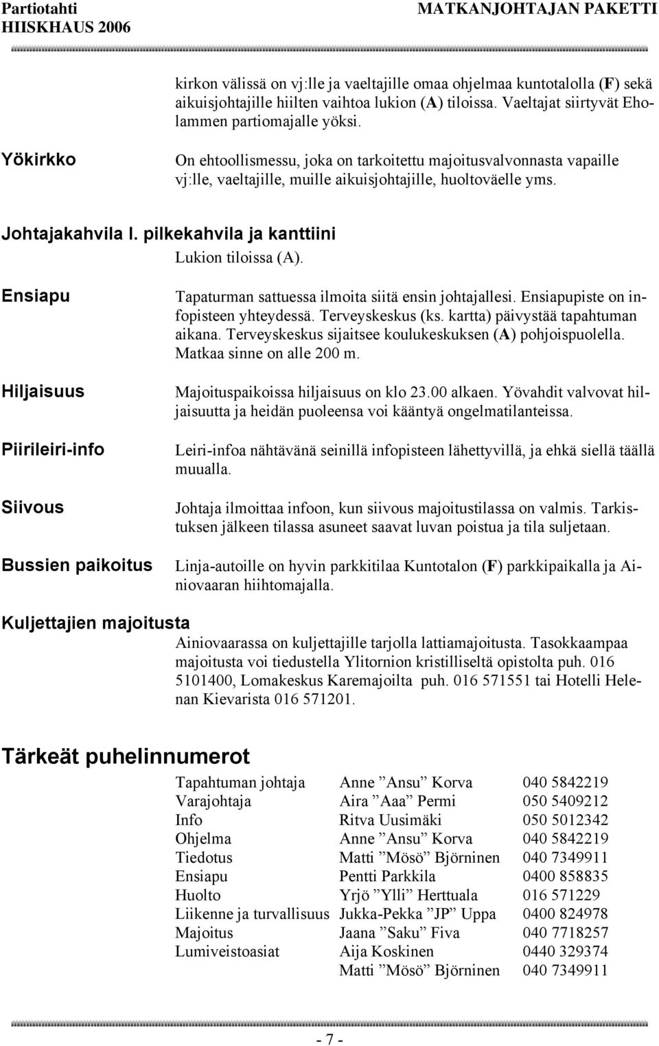 pilkekahvila ja kanttiini Lukion tiloissa (A). Ensiapu Hiljaisuus Piirileiri-info Siivous Bussien paikoitus Tapaturman sattuessa ilmoita siitä ensin johtajallesi.