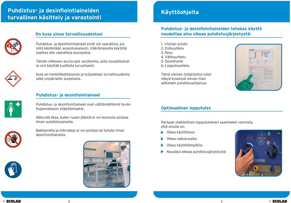 Kyse on henkilökohtaisesta ja työpaikkasi turvallisuudesta sekä ympäristön suojelusta. Käyttöohjeita Puhdistus- ja desinfiointiaineiden tehokas käyttö noudattaa aina oikeaa puhdistusjärjestystä: 1.