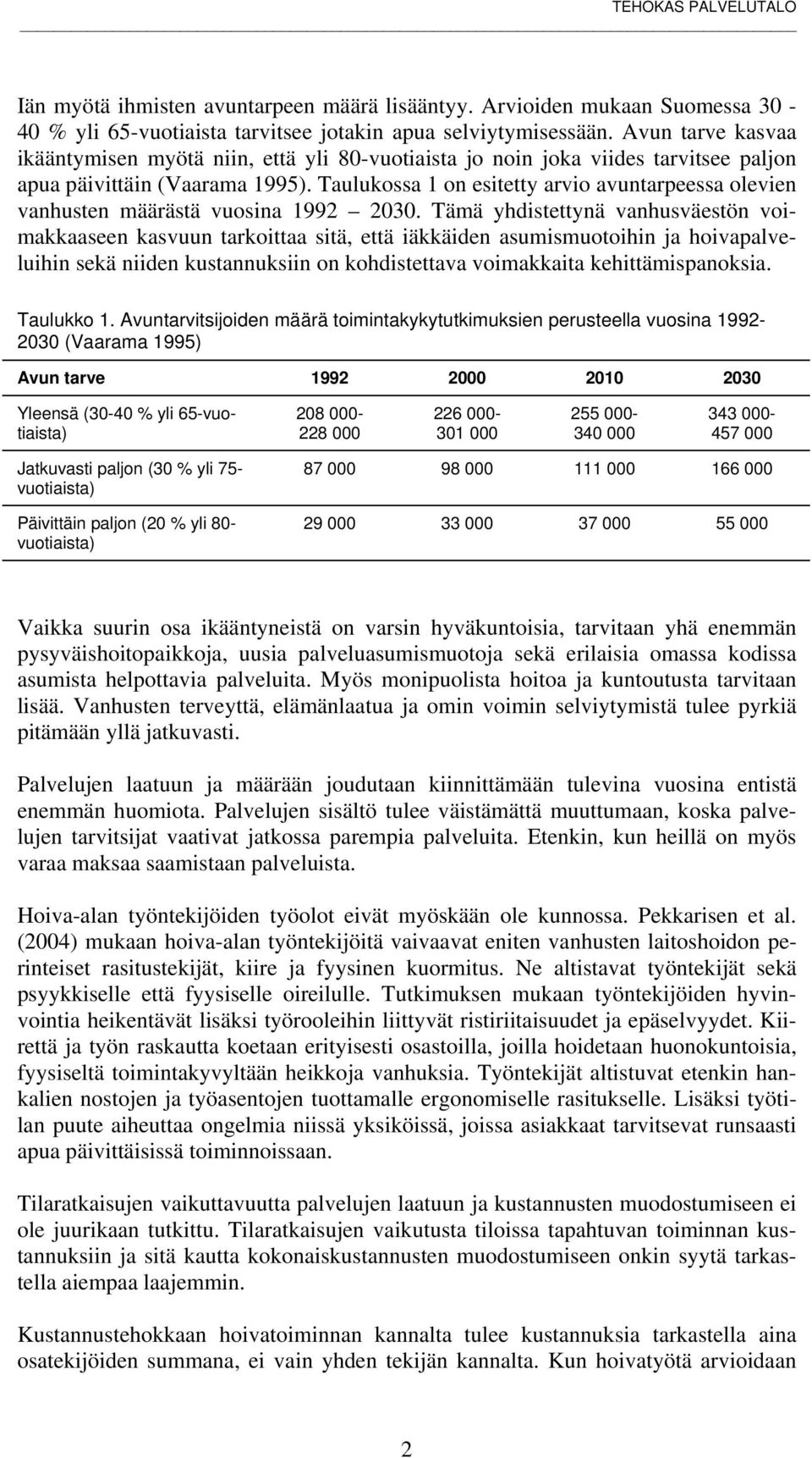 Taulukossa 1 on esitetty arvio avuntarpeessa olevien vanhusten määrästä vuosina 1992 2030.