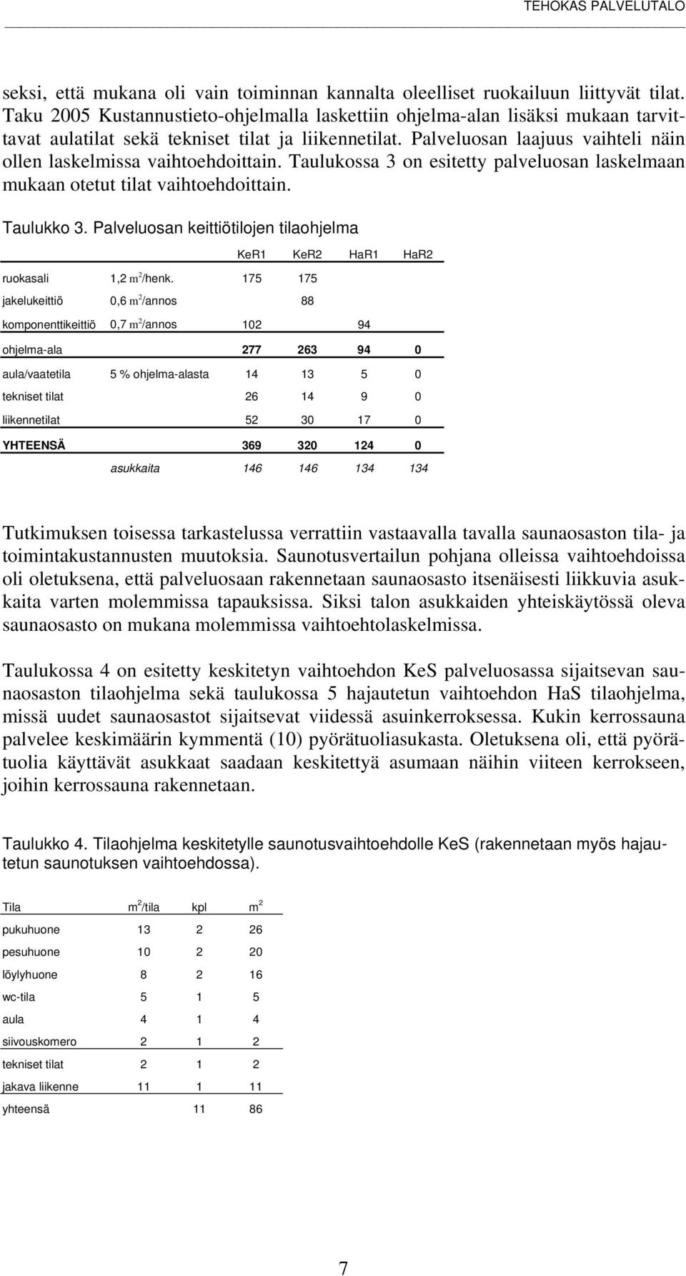 Palveluosan laajuus vaihteli näin ollen laskelmissa vaihtoehdoittain. Taulukossa 3 on esitetty palveluosan laskelmaan mukaan otetut tilat vaihtoehdoittain. Taulukko 3.