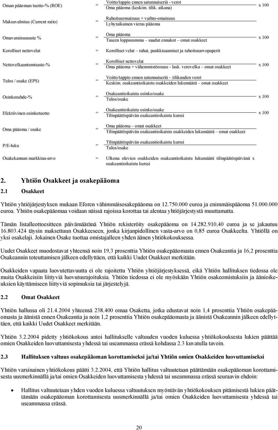 pankkisaamiset ja rahoitusarvopaperit Nettovelkaantumisaste-% = Tulos / osake (EPS) = Osinkosuhde-% = Efektiivinen osinkotuotto = Oma pääoma / osake = P/E-luku = Korolliset nettovelat Oma pääoma +