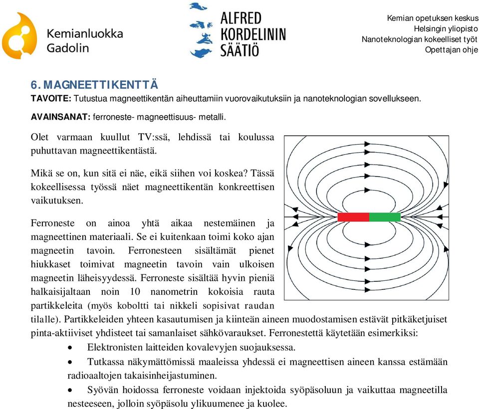 Tässä kokeellisessa työssä näet magneettikentän konkreettisen vaikutuksen. Ferroneste on ainoa yhtä aikaa nestemäinen ja magneettinen materiaali. Se ei kuitenkaan toimi koko ajan magneetin tavoin.