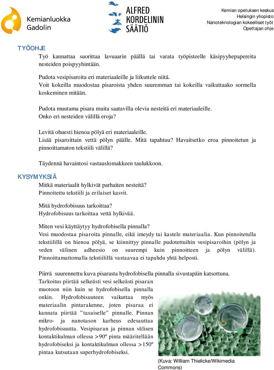 Onko eri nesteiden välillä eroja? Levitä ohuesti hienoa pölyä eri materiaaleille. Lisää pisaroittain vettä pölyn päälle. Mitä tapahtuu?