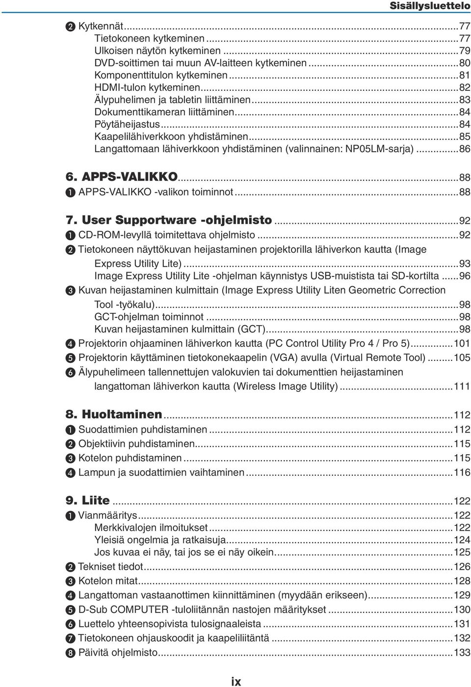 ..85 Langattomaan lähiverkkoon yhdistäminen (valinnainen: NP05LM-sarja)...86 6. APPS-VALIKKO...88 ❶ APPS-VALIKKO -valikon toiminnot...88 7. User Supportware -ohjelmisto.