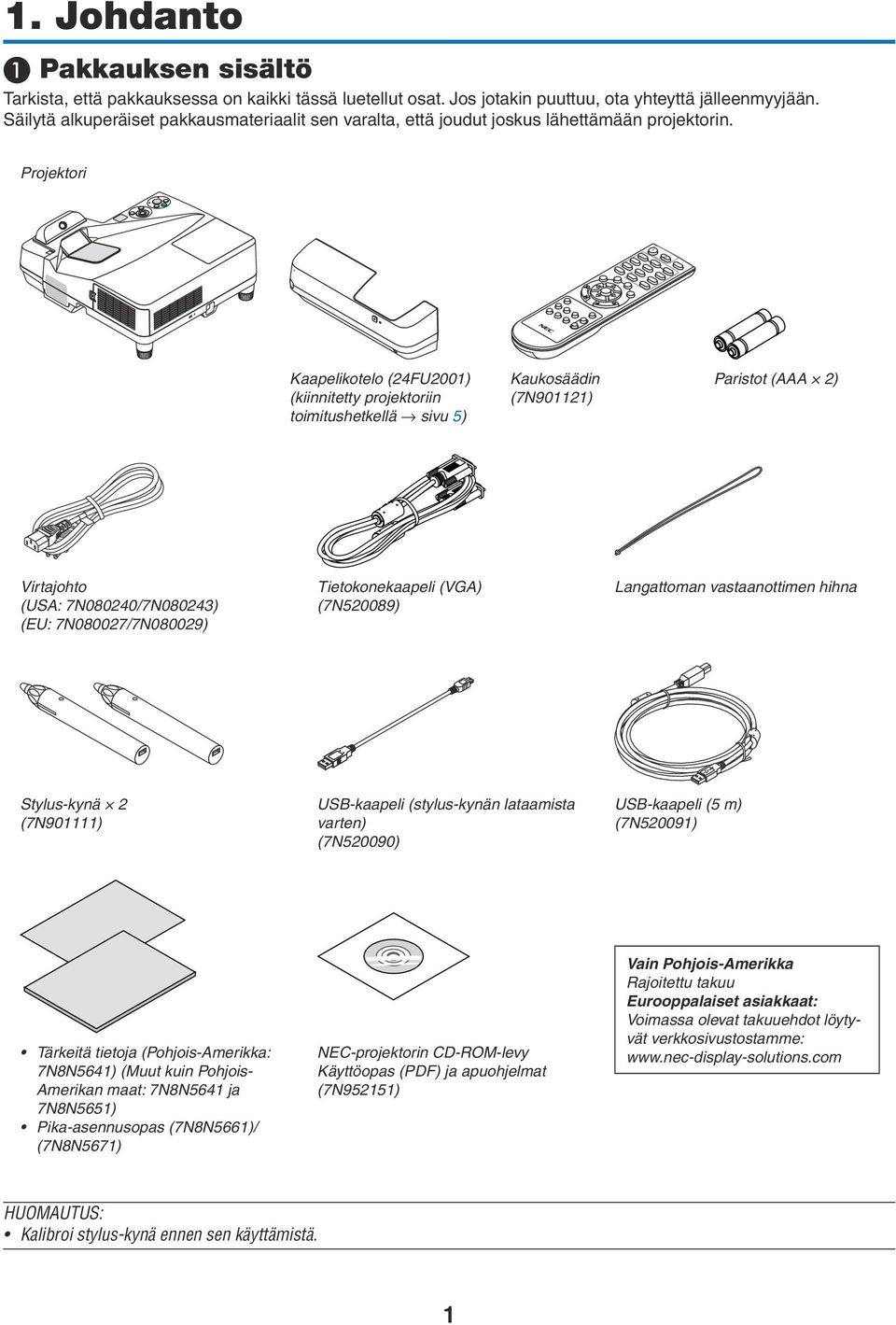 Projektori Kaapelikotelo (24FU2001) (kiinnitetty projektoriin toimitushetkellä sivu 5) Kaukosäädin (7N901121) Paristot (AAA 2) Virtajohto (USA: 7N080240/7N080243) (EU: 7N080027/7N080029)