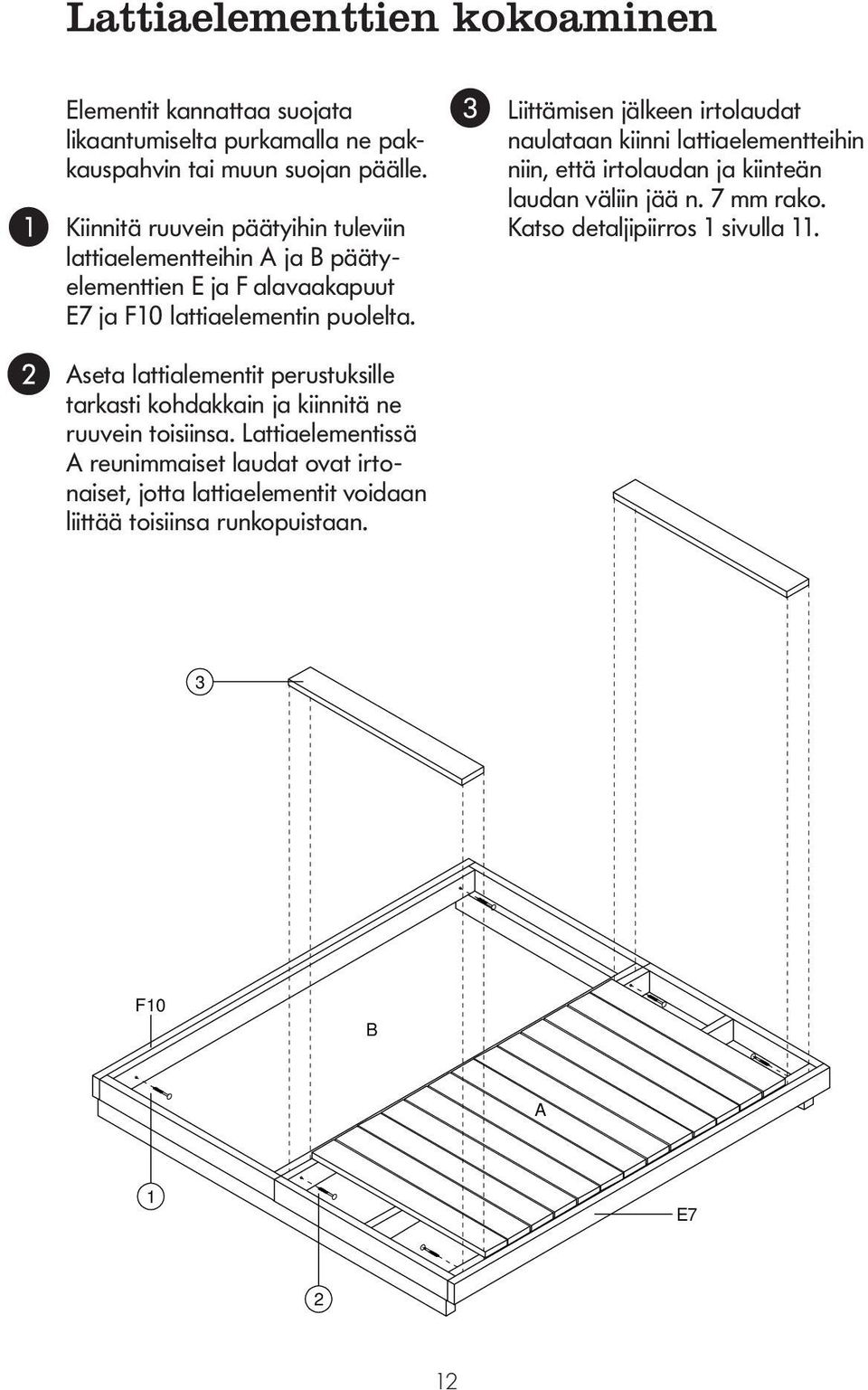 LATTIAELEMENTTIEN KOKOAMINEN Aseta lattialementit perustuksille tarkasti kohdakkain ja kiinnitä ne ruuvein toisiinsa.