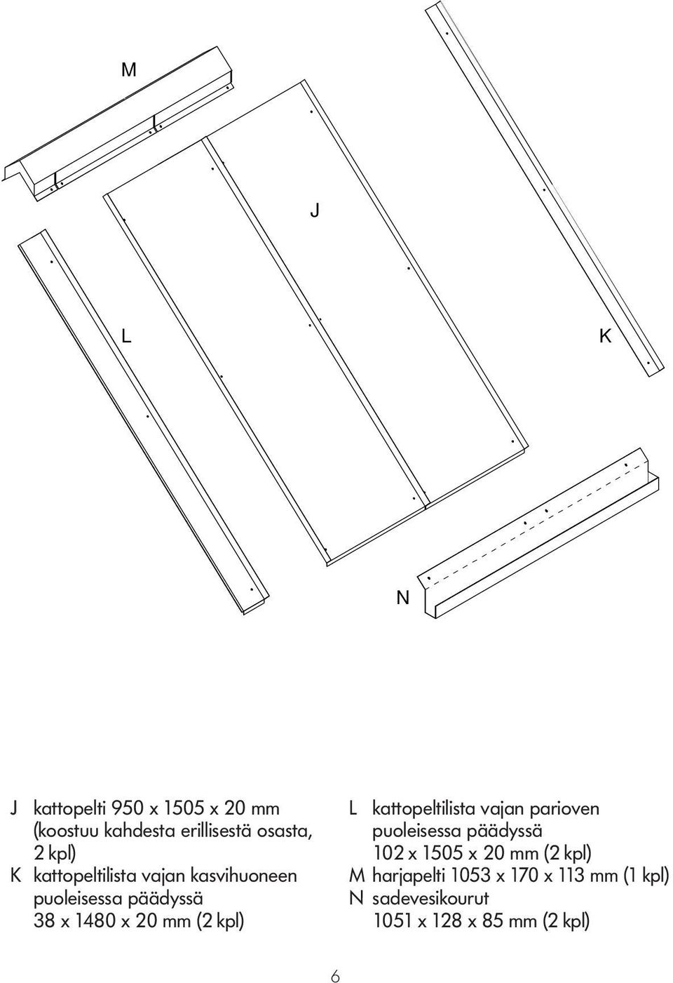 kpl) L kattopeltilista vajan parioven puoleisessa päädyssä 102 x 1505 x 20 mm (2