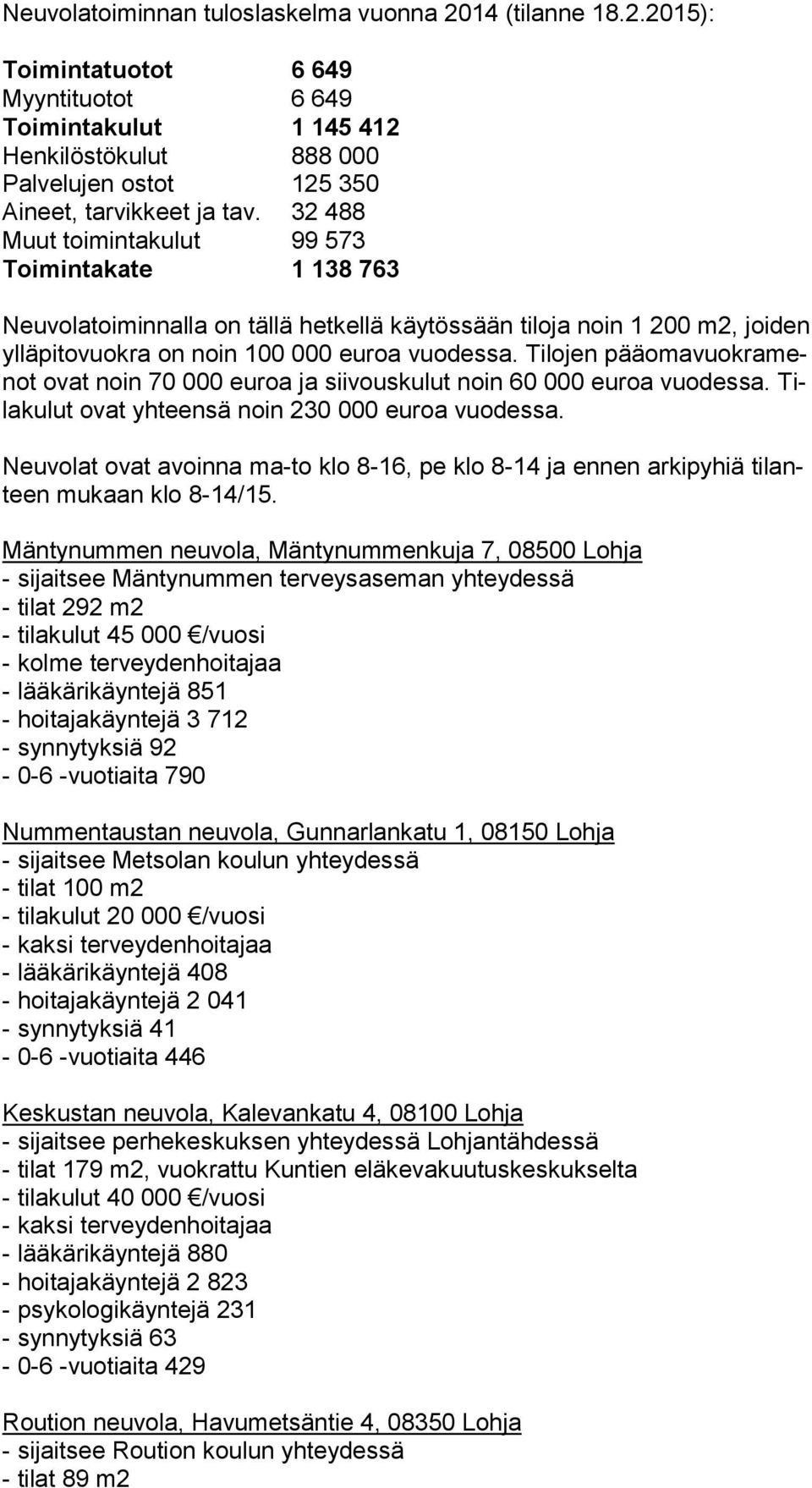 Tilojen pää oma vuok ra menot ovat noin 70 000 euroa ja siivouskulut noin 60 000 eu roa vuo des sa. Tila ku lut ovat yhteensä noin 230 000 euroa vuodessa.