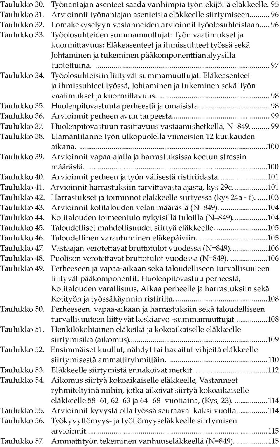 Työolosuhteiden summamuuttujat: Työn vaatimukset ja kuormittavuus: Eläkeasenteet ja ihmissuhteet työssä sekä Johtaminen ja tukeminen pääkomponenttianalyysilla tuotettuina.... 97 Taulukko 34.