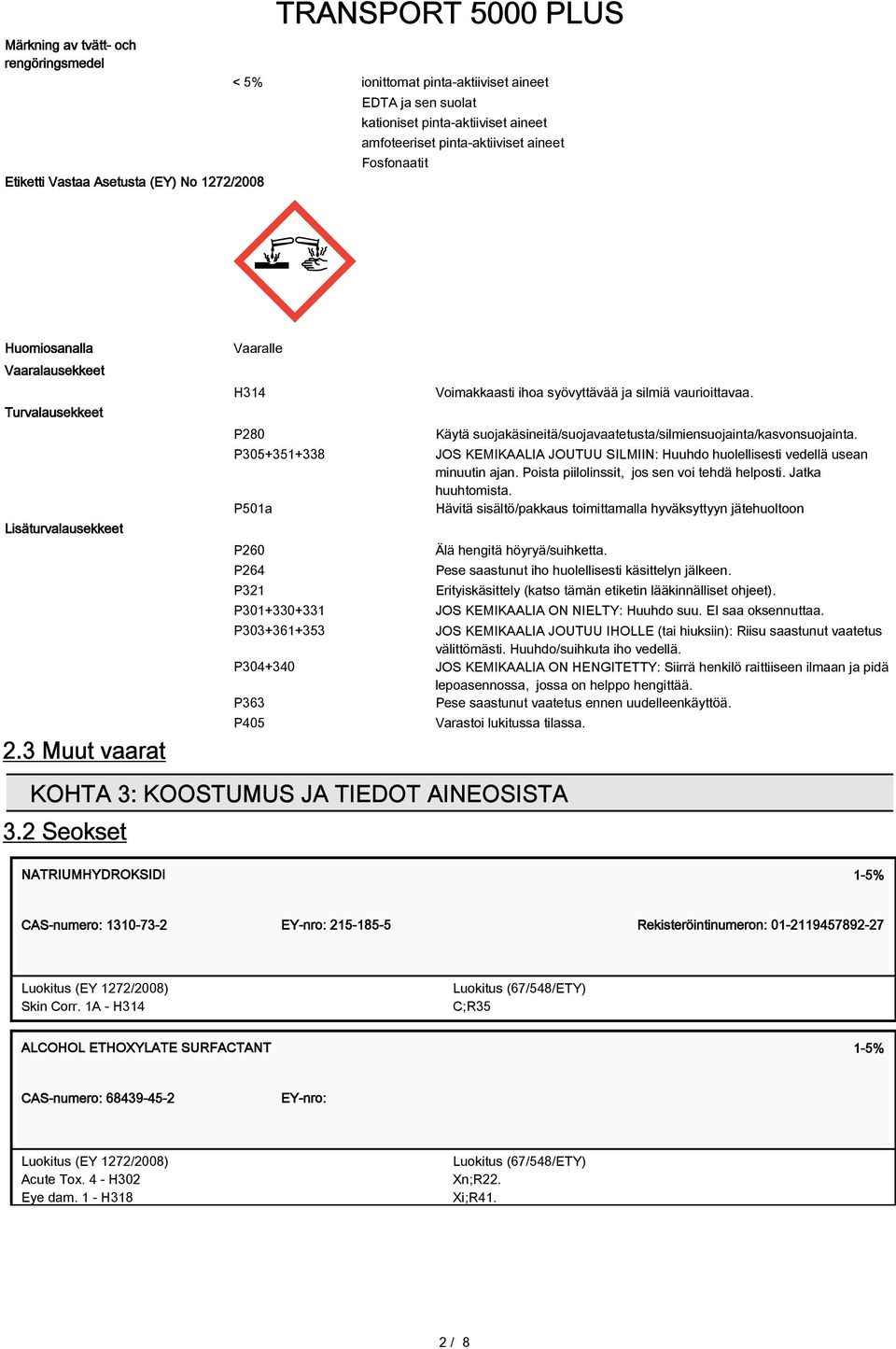 3 Muut vaarat Vaaralle H314 P280 P305+351+338 P501a P260 P264 P321 P301+330+331 Voimakkaasti ihoa syövyttävää ja silmiä vaurioittavaa.