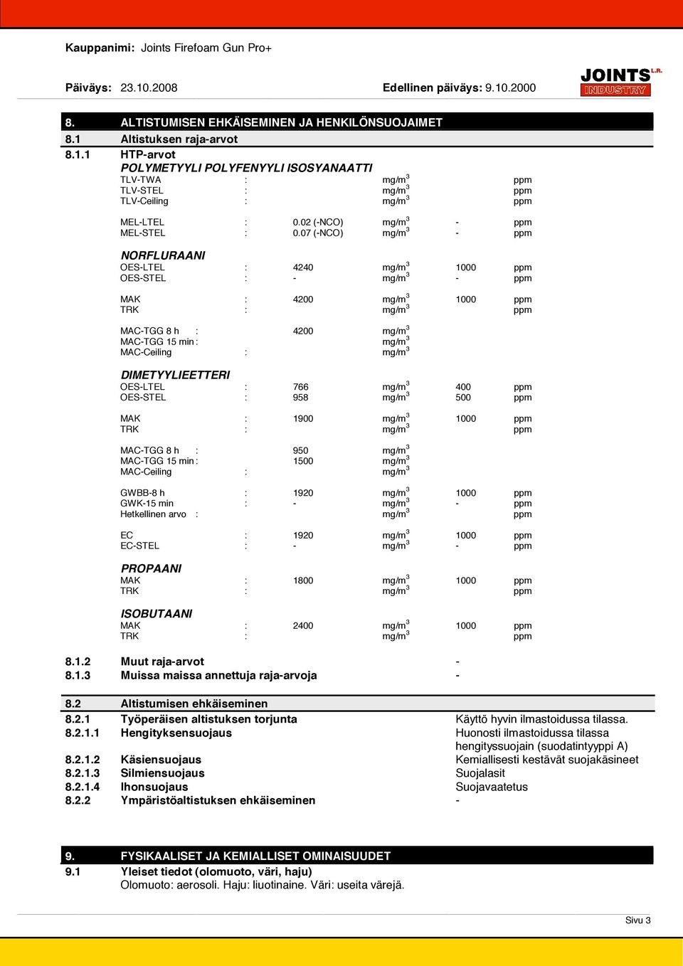 07 (NCO) mg/m 3 ppm NORFLURAANI OESLTEL : 4240 mg/m 3 1000 ppm OESSTEL : mg/m 3 ppm MAK : 4200 mg/m 3 1000 ppm MACTGG 8 h : 4200 mg/m 3 MACTGG 15 min : mg/m 3 MACCeiling : mg/m 3 DIMETYYLIEETTERI