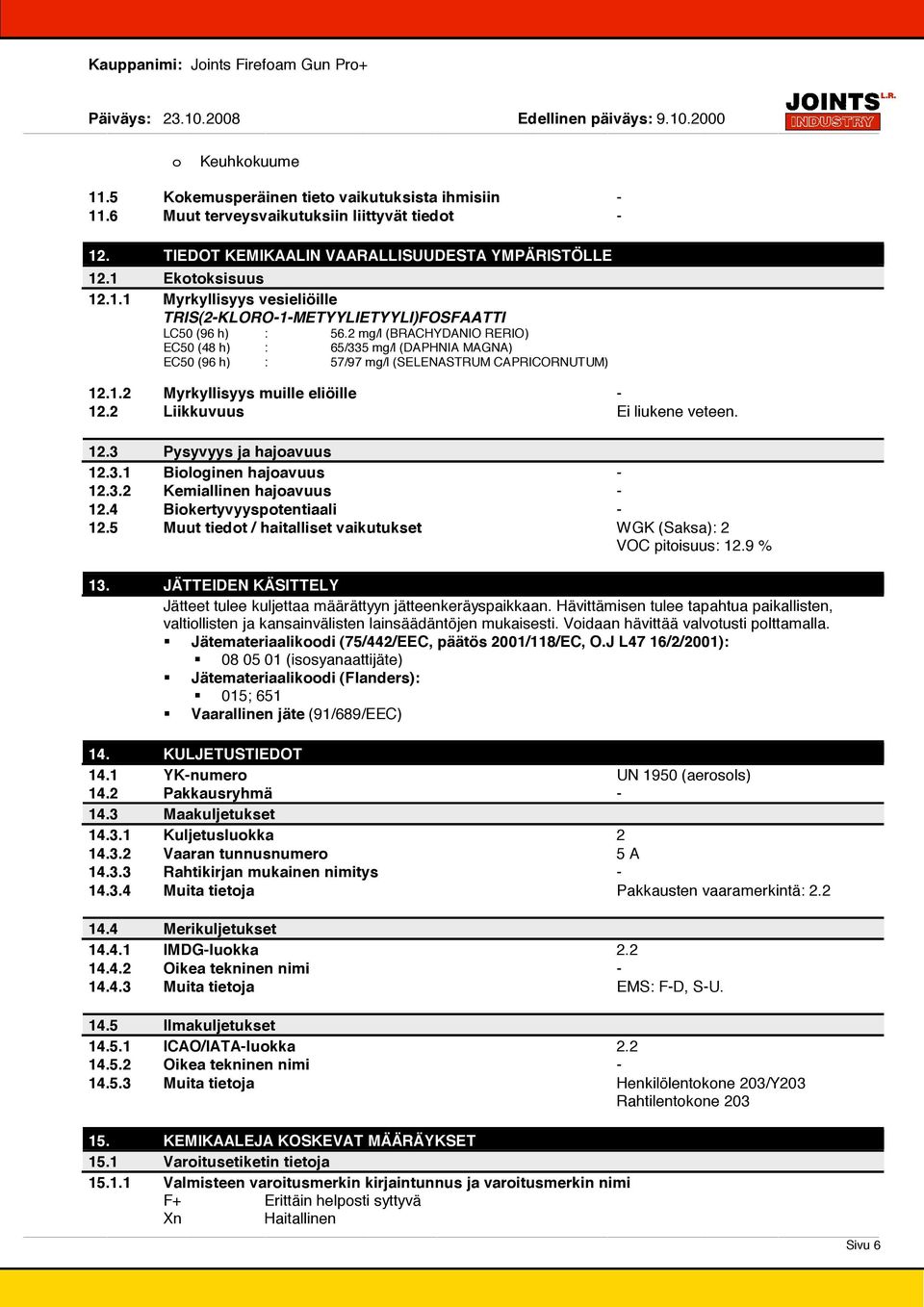 3.1 Biologinen hajoavuus 12.3.2 Kemiallinen hajoavuus 12.4 Biokertyvyyspotentiaali 12.5 Muut tiedot / haitalliset vaikutukset WGK (Saksa): 2 VOC pitoisuus: 12.9 % 13.