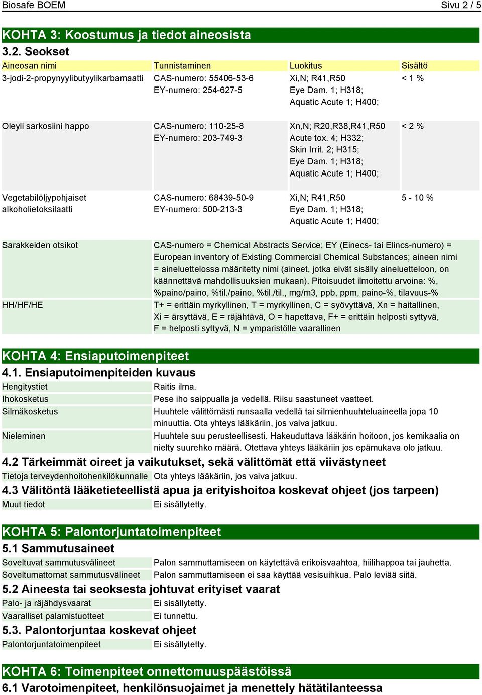 Seokset Aineosan nimi Tunnistaminen Luokitus Sisältö 3-jodi-2-propynyylibutyylikarbamaatti CAS-numero: 55406-53-6 EY-numero: 254-627-5 Xi,N; R41,R50 < 1 % Oleyli sarkosiini happo CAS-numero: 110-25-8