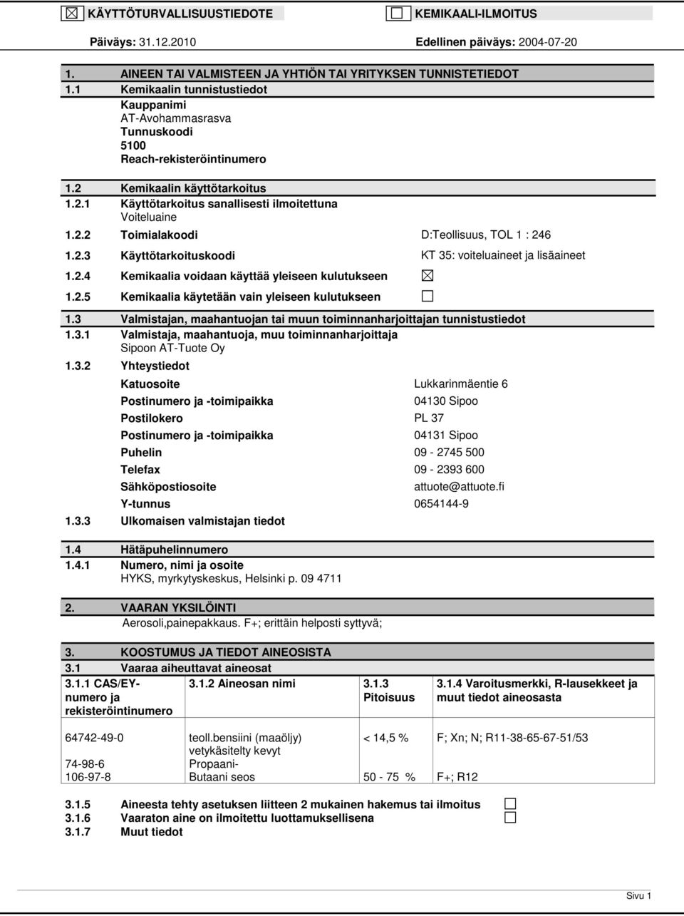 2.3 Käyttötarkoituskoodi KT 35: voiteluaineet ja lisäaineet 1.2.4 Kemikaalia voidaan käyttää yleiseen kulutukseen 1.2.5 Kemikaalia käytetään vain yleiseen kulutukseen 1.