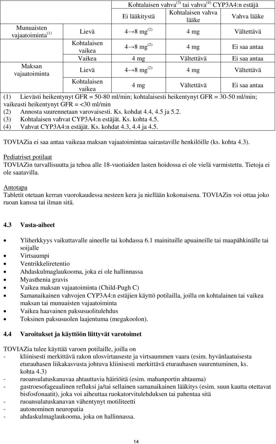 kohtalaisesti heikentynyt GFR = 30-50 ml/min; vaikeasti heikentynyt GFR = <30 ml/min (2) Annosta suurennetaan varovaisesti. Ks. kohdat 4.4, 4.5 ja 5.2. (3) Kohtalaisen vahvat CYP3A4:n estäjät. Ks. kohta 4.