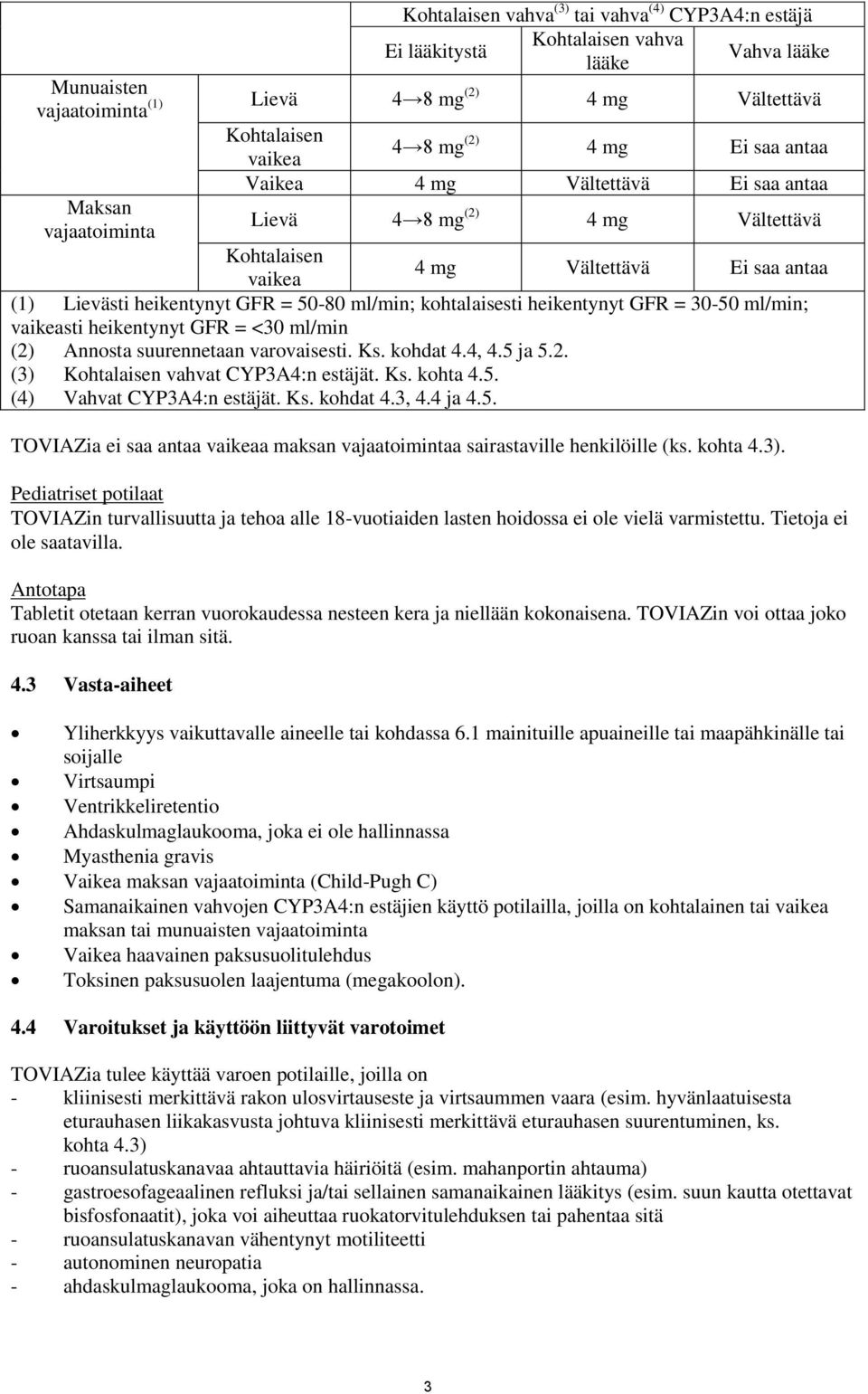 kohtalaisesti heikentynyt GFR = 30-50 ml/min; vaikeasti heikentynyt GFR = <30 ml/min (2) Annosta suurennetaan varovaisesti. Ks. kohdat 4.4, 4.5 ja 5.2. (3) Kohtalaisen vahvat CYP3A4:n estäjät. Ks. kohta 4.