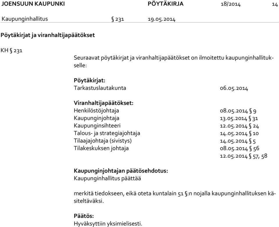 Tarkastuslautakunta 06.05.2014 Viranhaltijapäätökset: Henkilöstöjohtaja 08.05.2014 9 Kaupunginjohtaja 13.05.2014 31 Kaupunginsihteeri 12.05.2014 24 Talous- ja strategiajohtaja 14.