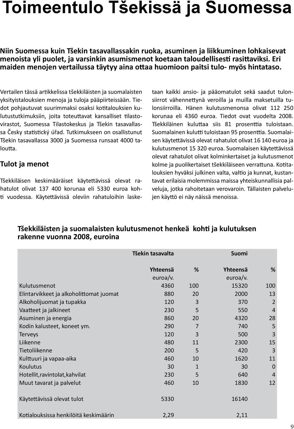 Vertailen tässä artikkelissa tšekkiläisten ja suomalaisten yksityistalouksien menoja ja tuloja pääpiirteissään.