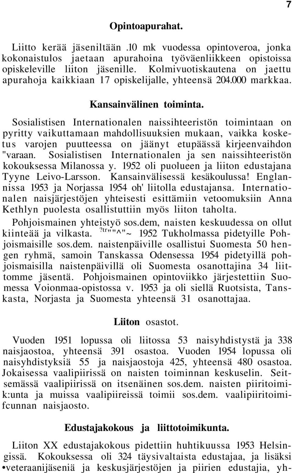 Sosialistisen Internationalen naissihteeristön toimintaan on pyritty vaikuttamaan mahdollisuuksien mukaan, vaikka kosketus varojen puutteessa on jäänyt etupäässä kirjeenvaihdon "varaan.