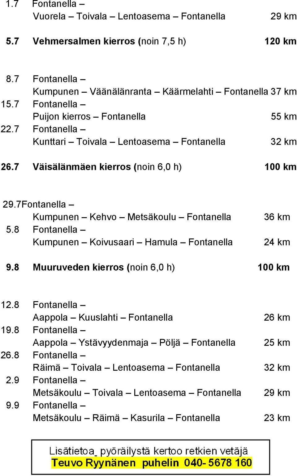 7Fontanella Kumpunen Kehvo Metsäkoulu Fontanella 5.8 Fontanella Kumpunen Koivusaari Hamula Fontanella 36 km 24 km 9.8 Muuruveden kierros (noin 6,0 h) 100 km 12.