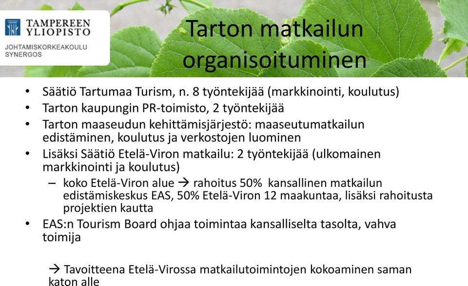 koulutus ja verkostojen luominen Lisäksi Säätiö Etelä-Viron matkailu: 2 työntekijää (ulkomainen markkinointi ja koulutus) koko Etelä-Viron alue rahoitus 50%