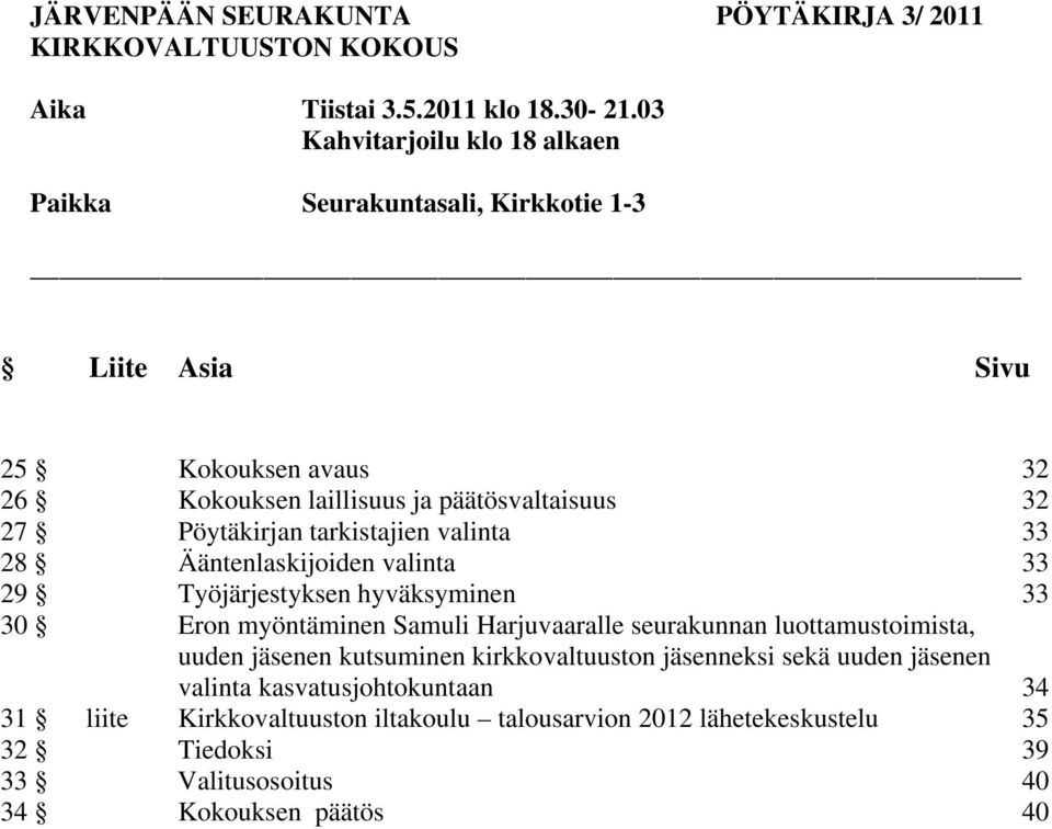 Pöytäkirjan tarkistajien valinta 33 28 Ääntenlaskijoiden valinta 33 29 Työjärjestyksen hyväksyminen 33 30 Eron myöntäminen Samuli Harjuvaaralle seurakunnan