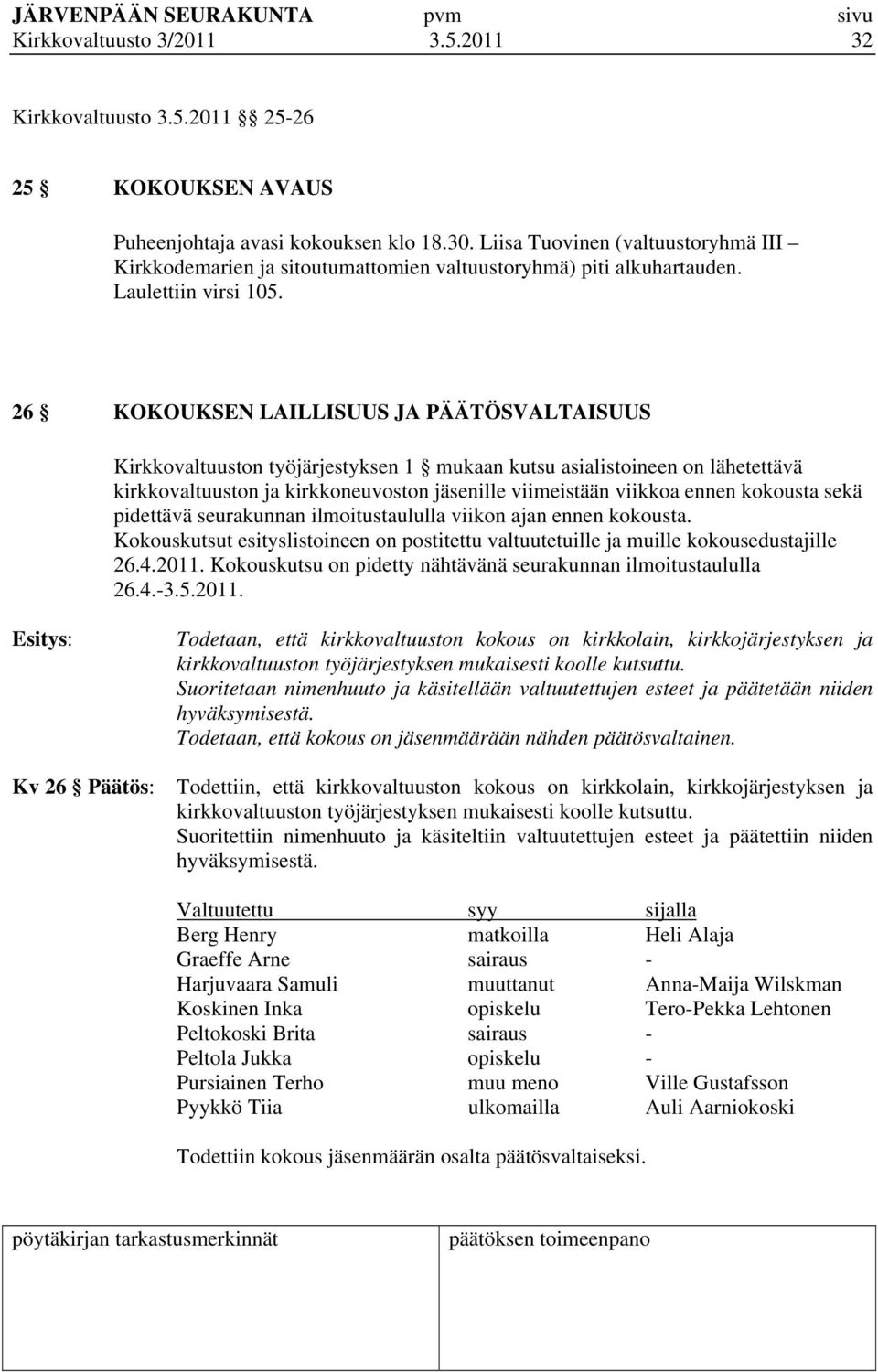 26 KOKOUKSEN LAILLISUUS JA PÄÄTÖSVALTAISUUS Kirkkovaltuuston työjärjestyksen 1 mukaan kutsu asialistoineen on lähetettävä kirkkovaltuuston ja kirkkoneuvoston jäsenille viimeistään viikkoa ennen